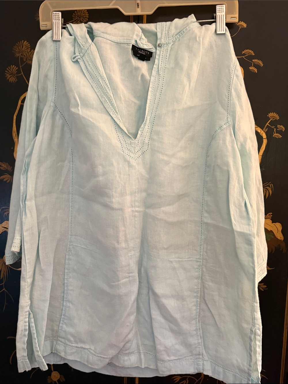Light Aqua Blue Linen hooded shirt - Women